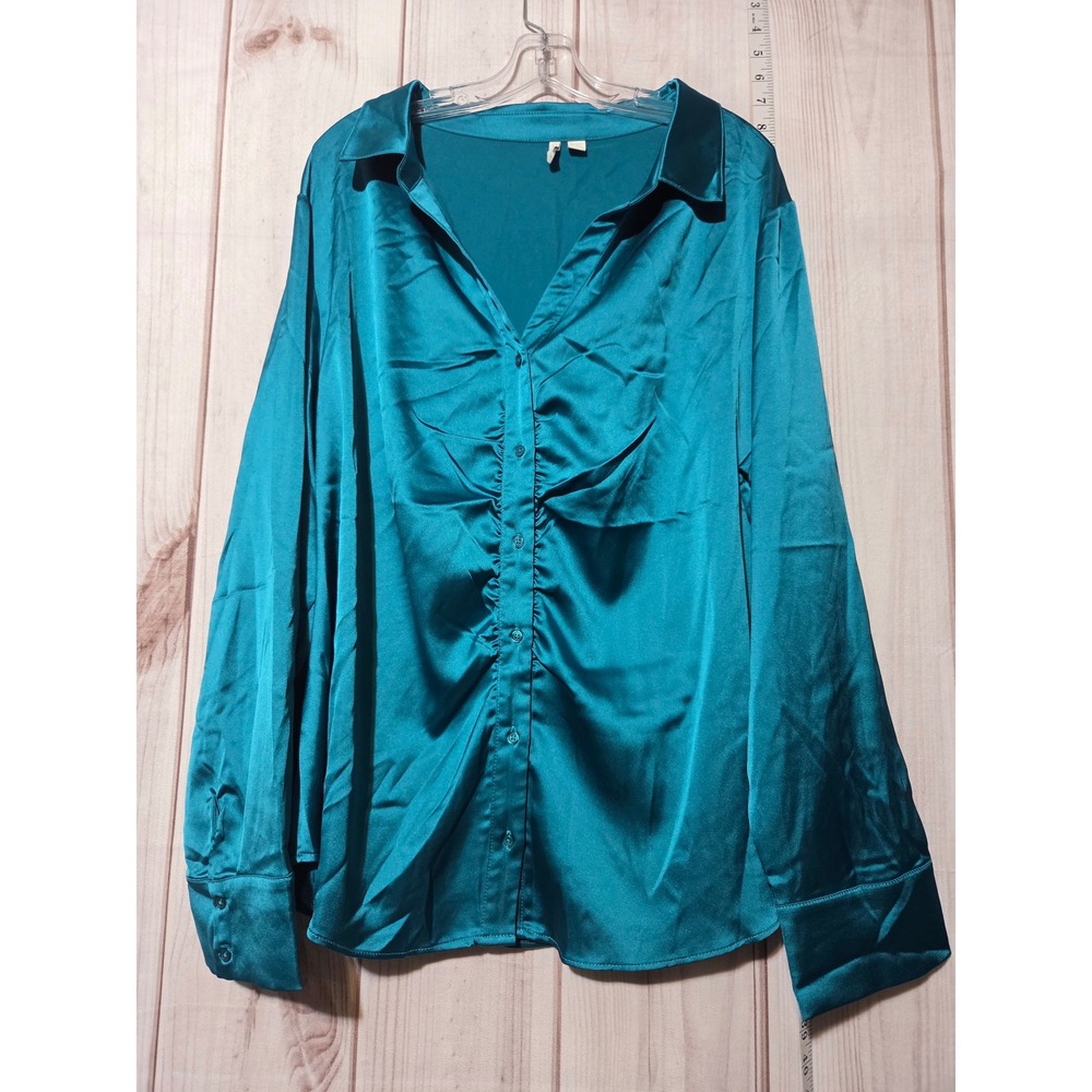 Cato Plus Size Teal Satin Ruched Button Down Shirt Top 26/28W